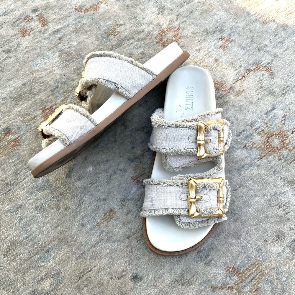 Schutz Gold Buckle Flat Footbed Sandals Sz 10